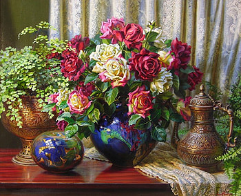 Beauty Grace Elegance, table, bouquet, roses, vase, lace, curtain, fern, urn, cloth HD wallpaper