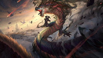 dragon, birds, art, flying, fire, rocks HD wallpaper