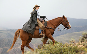 Traveling Cowgirl, horse, cowgirl, blonde, chaps, raincoat, hat, Colorado, mountain HD wallpaper