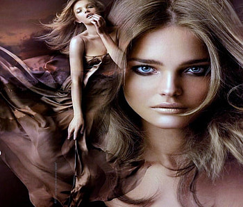 Sheer beauty, flowing, model, blue eyes, brunette, taupe dress, beauty HD wallpaper