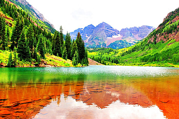 Orange lake, Lake, Nature, Mountains, Forest HD wallpaper