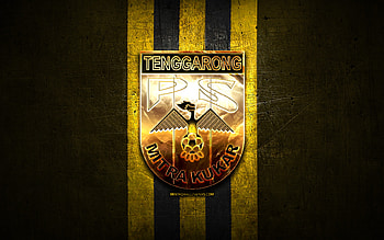 Mitra Kukar FC, golden logo, Indonesia Liga 1, yellow metal background, football, Indonesian football club, Mitra Kukar logo, soccer, PS Mitra Kukar HD wallpaper