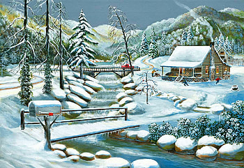 Winter Season, river, artwork, winter, painting, snow, bridge, nature, cabin, mountains HD wallpaper