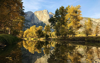 Fall reflections in Yosemite Valley, California, river, colors, trees, sky, water, mountains, usa HD wallpaper