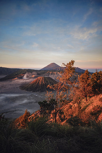 Nature, Grass, Sky, Mountains, Dawn, Rise, Sunrise, Volcano HD phone wallpaper