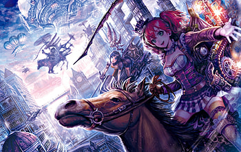 Fantasy world, blue, anemonade, horse, girl, purple, pink, anime, fantasy, red, ride, manga HD wallpaper