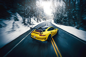 Porsche GT3RS, yellow sports car, on-road, 2021 HD wallpaper