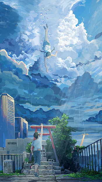 Rainy and cloudy sky with two people reaching for each other, Hina Amano, Hodaka Morishima, Tenki no ko, Anime, Weathering with You HD phone wallpaper