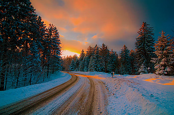 winter, scenery, snow, landscape, wintwr, road, nature, forest, sunset HD wallpaper
