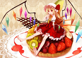 flandre-scarlet, strawberry, blonde, cute, long hair, dress, beauty, nice, wing, fruit, blonde hair, hat, female, sexy, wings, pie, sweet, ribbon, red eye, hot, kiwi, girl, beautiful, scarlet, food, anime girl, anime, pretty, touhou, flandre scarlet HD wallpaper