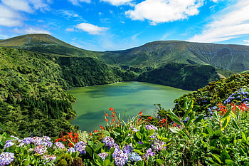 Beautiful lake view, island, wildflowers, green, view, Azores, beautiful, lake, mountain, sky HD wallpaper