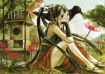 Girl, sword, red fwolers, cute, black hair, sit, tree, crow, anime HD wallpaper