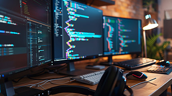 Programmer's Dual Monitor Setup, programming, desk, computer monitor, coding HD wallpaper