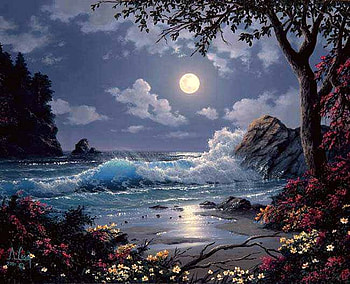 By A. Casay, night, a casay, painting, moon, art, flower, lake, cloud HD wallpaper