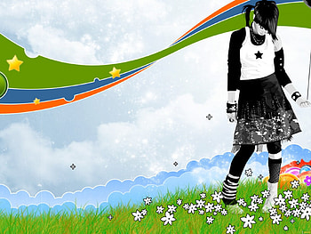 Alone, colored, ribbon, girl, stars, rainbow, emo, clouds, vector, flowers, balloon HD wallpaper