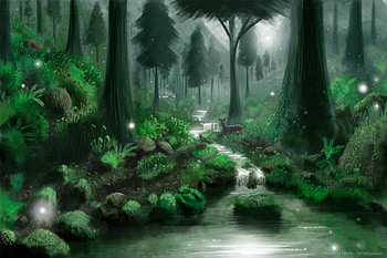 Green Forest, Scenery, Digital Art, Trees, Water, Plants, Landscapes, Animals, Drawings, Paintings, Stream, Grass, Flowers, Forests, Deer, Insects HD wallpaper
