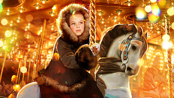 Carousel, horse, olga antonenko, craciun, girl, orange, fantasy, lights, christmas, luminos HD wallpaper