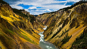 Yellow Valley, Yellowstone, usa, wyoming, river, landscape, clouds, sky, mountains HD wallpaper