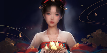 Lotus girl, lotus, red, art, fantasy, chas, face, girl HD wallpaper