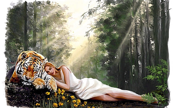 :), fantasy, tiger, art, tigru, luminos, girl, sleep HD wallpaper