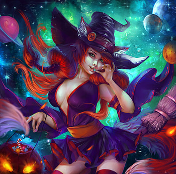 Halloween Cysh, blue, frumusete, girl, fox, orange, alexandra cvetkova, witch, halloween, cysh, fantasy, luminos, redhead, hat HD wallpaper