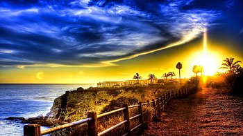 awesome landscape r, sea, shore, sky, r, sun ray, resort HD wallpaper