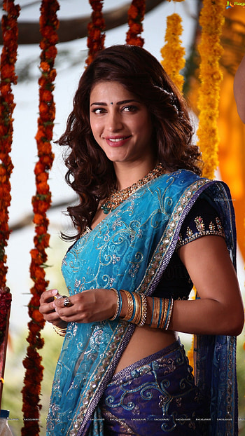 Shruti Hasan, Blue Saree HD phone wallpaper