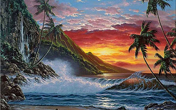 Beach in Hawaii, island, sand, ocea, orange, gold, beach, painting, yellow, sunset HD wallpaper