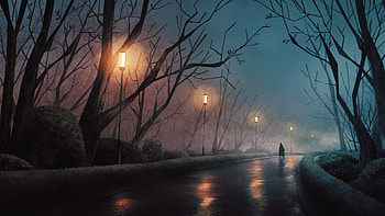 Night Street, night, Digital, art, lamp HD wallpaper