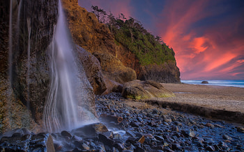 Hug Point Falls Oregon, waterfall, water, sunset, beach HD wallpaper
