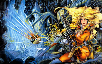 blond woman, space, gun, blond, woman HD wallpaper