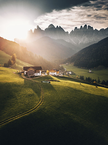 Landscape, Nature, Houses, Mountains, Dawn HD phone wallpaper