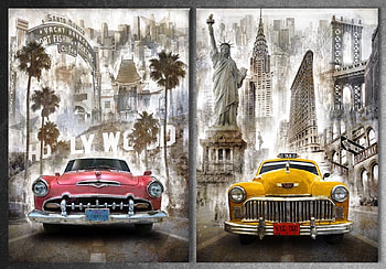 New York & California, chrysler, grid iron, california, city, car, statue, liberty, cab, santa monica, hollywood, broadway, taxi, bridge, new york, palm trees HD wallpaper