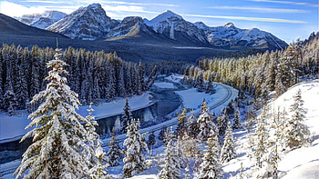 Bow River, Banff NP, Alberta, winter, snow, clouds, trees, landscape, sky, mountains, canada HD wallpaper