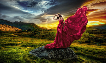 Model in The Scenic Mountains, lady, scenic, Model, Lovely, feminine, dreamy, red gown, woman HD wallpaper