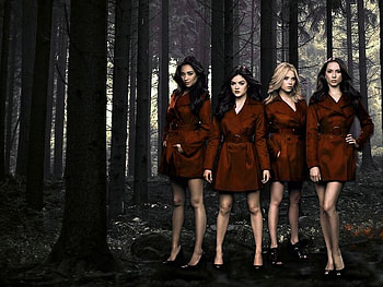 Pretty Little Liars, model, PLL, , beautiful, actress, red, 2017, heels, trees, trenchcoat, forest, legs HD wallpaper