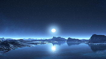 Moonlight Lake, night, blue, Firefox Persona theme, lake, reflection, moon, shine, mountains, ice HD wallpaper