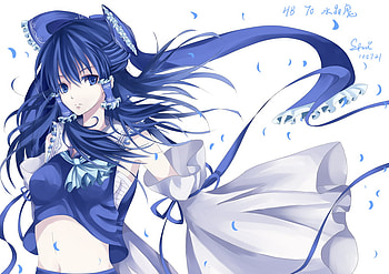 Hakurei Reimu, blue, cute, long hair, female, bow, sexy, white, ribbon, hot, blue eye, blue hair, girl, petal, anime girl, simple, anime, touhou, reimu HD wallpaper
