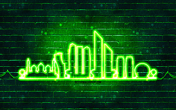 Abu Dhabi green neon silhouette, , green neon lights, Abu Dhabi skyline silhouette, green brickwall, UAE cities, neon skyline silhouettes, UAE, Abu Dhabi silhouette, Abu Dhabi, United Arab Emirates HD wallpaper