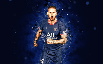 Sergio Ramos, , 2021, PSG, spanish footballers, blue neon lights, soccer, Sergio Ramos Garcia, Ligue 1, football, Sergio Ramos PSG, Paris Saint-Germain, Sergio Ramos HD wallpaper