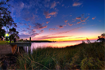 Sun on the Horizon, field, clouds, water, sunset, sunrise HD wallpaper