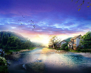 Home on the Riverside, birds, Art, Home, nature, flowers, rivers, Sky HD wallpaper