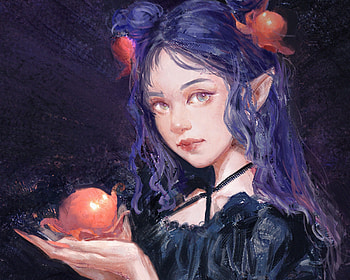 Pomegranate, heishan, art, red, face, fruit, girl, hei shan HD wallpaper