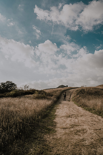 Nature, Sky, Clouds, Field, Path, Human, Person, Trail HD phone wallpaper