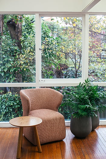 A serene living room space featuring a cozy armchair and lush indoor plants by large windows. HD phone wallpaper