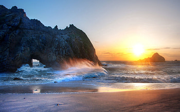 Nature, Sunset, Sun, Waves, Beach, Sand, Rock, Shore, Bank, Shine, Light, Spray, Foam, Arch, Serenity HD wallpaper