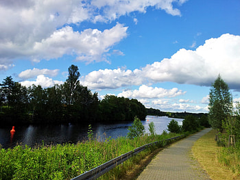 sunny day for a walk, blue, cloudes, sky, water HD wallpaper