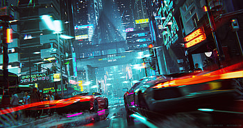 Neon Cyberpunk City Car Racing , neon, cyberpunk, city, artist, artwork, digital-art, artstation HD wallpaper