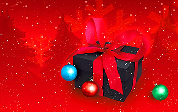The gift, blue, ribbon, snow, christmas, green, red, balls, gift HD wallpaper