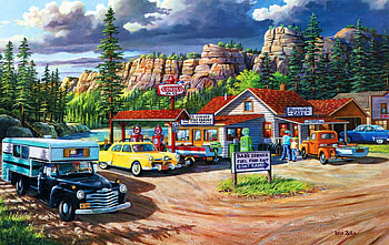 Edge of the Heartland, artwork, painting, cars, rocks, mountains, cabin, vintage HD wallpaper